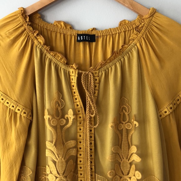 Boho Crochet Lace Embroidery Golden Yellow 3/4 Sleeve top Small - Picture 3 of 13